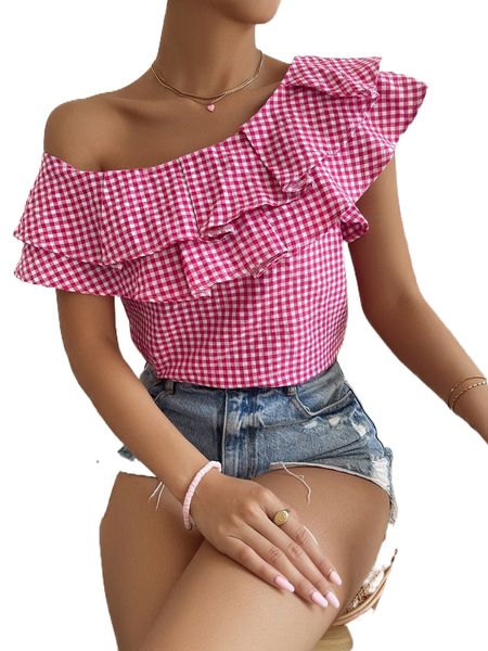 

gingham print asymmetrical neck ruffle trim blouse f8bk#, White
