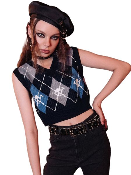 

romwe dark academia skull & argyle pattern sweater vest q9mg#, White;black