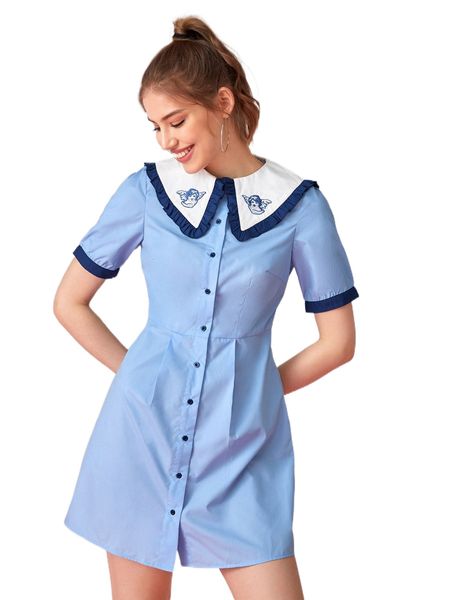 

x phoebe mcmullan figure embroidered frilled sailor collar puff sleeve dress k1vp#, Black;gray