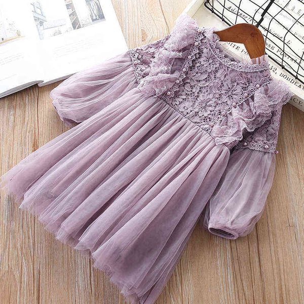 

girl dresses lantern sleeve kids clothing party princess spring kids lace children dress with pearls purple and white 3-7t y220426, Red;yellow