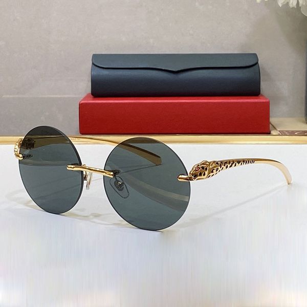 

Round Sunglasses Designer Mens Frameless Panther Buffalo Horn Business Casual for Women Eyewear Silver Gold Metal Sport Glasses Unisex with Black Case Lunettes