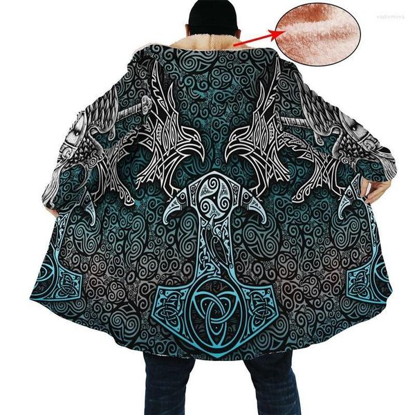 Erkek trençkotları moda yıl kış erkekler viking tarzı cape 3d dövme tam baskı polar kapüşonlu ceket unisex casual kalın sıcak nadi22