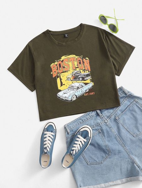 

plus car & letter graphic tee 87de#, Black