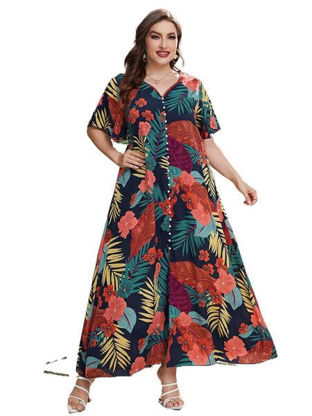 

plus tropical print butterfly sleeve fake button dress z3bc#, Black