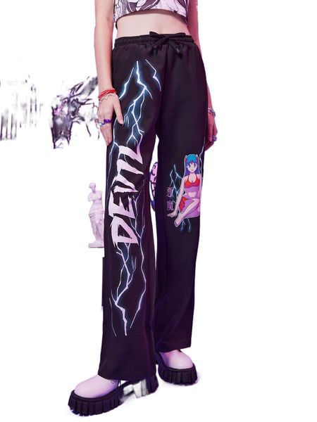 

romwe anime letter cartoon figure graphic drawstring pants y13m#, Black;white