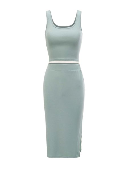 

solid tank & split hem skirt lounge set e14d#, Black;red