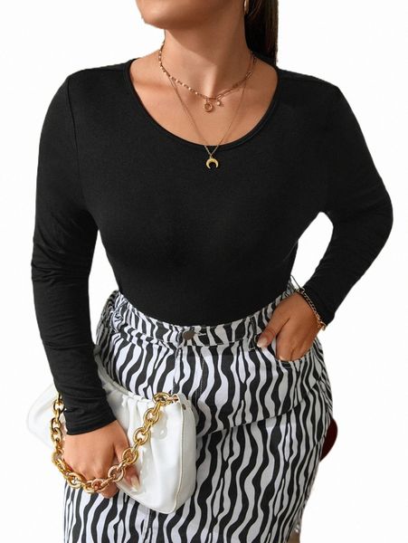 

plus solid round neck tee z4nm#, Black