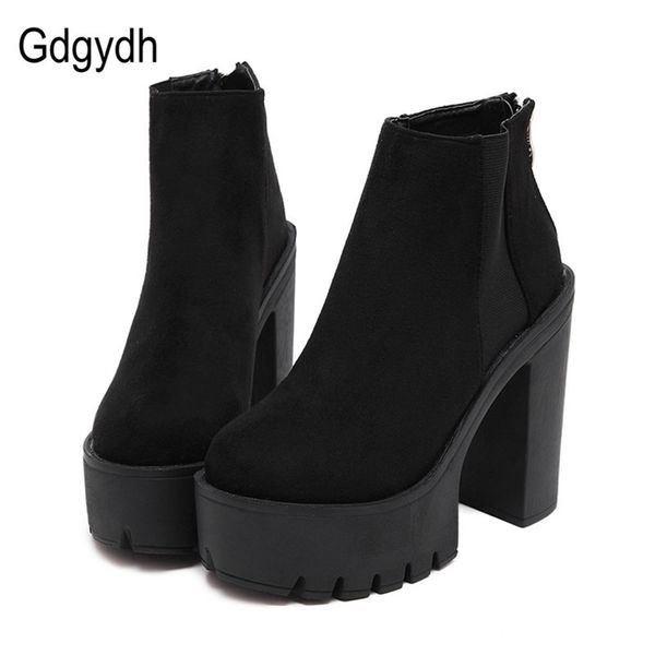 

gdgydh fashion black ankle boots for women thick heels spring autumn flock platform shoes high heels black zipper ladies boots 201106