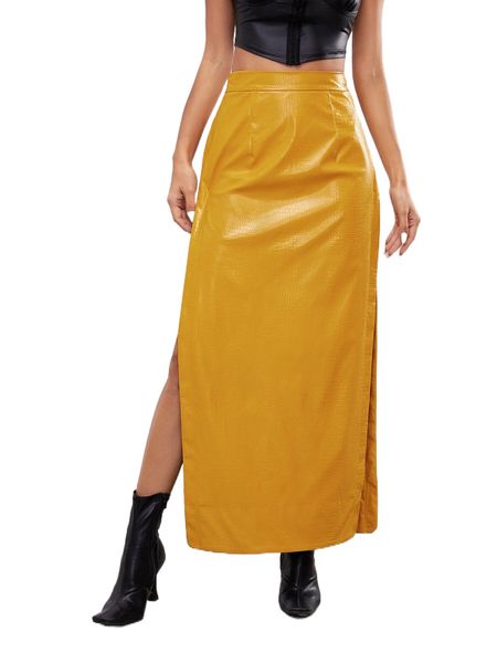 

x tonksia croc embossed split thigh pu leather skirt 16nz#, Black