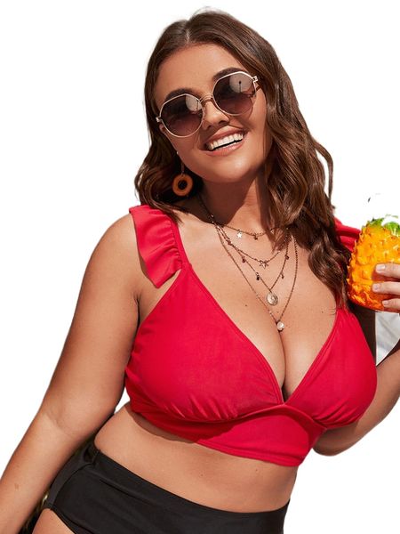 

plus solid ruffle trim bikini 2236#, Black