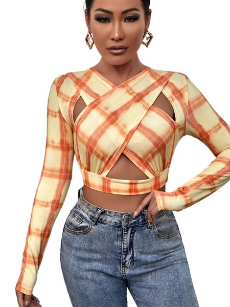 

sxy plaid print cut out crop 26ns#, White