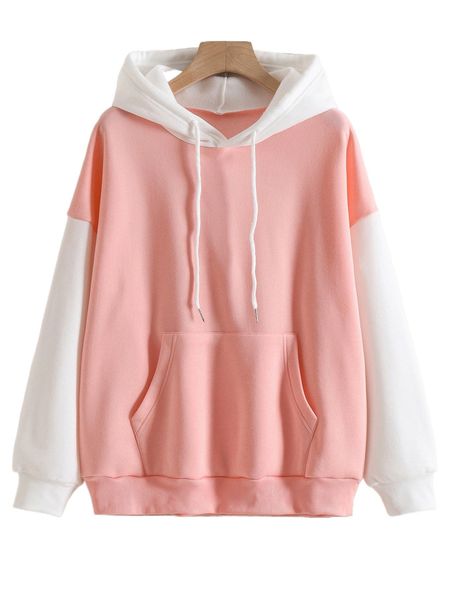 

colorblock drawstring pocket hoodie o62w#, Black