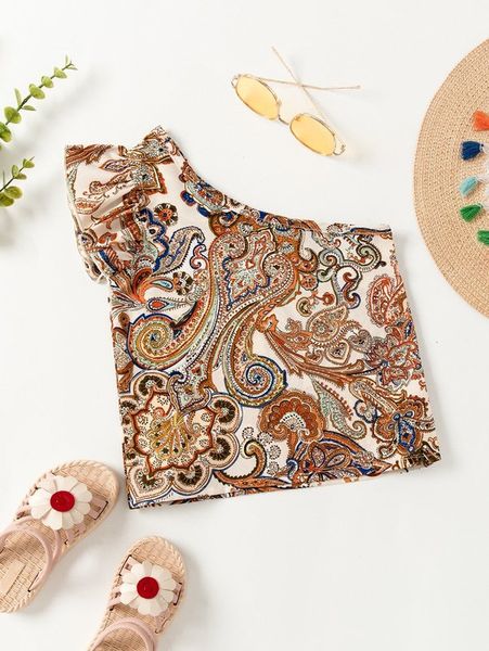 

toddler girls paisley print one shoulder ruffle trim blouse she, White;black