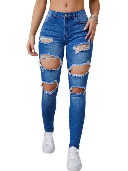 

ripped raw trim skinny jeans d2el#, Blue