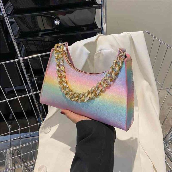 Moda arcobaleno paillettes borse da donna nuova tendenza borsa a tracolla in pelle PU texture di lusso tinta unita borse con cerniera per le donne 2022 Y220719