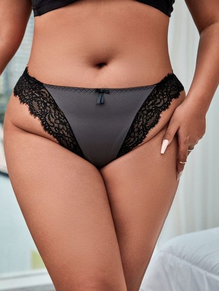 

plus rib contrast lace bow front panty j9ho#, Black;white