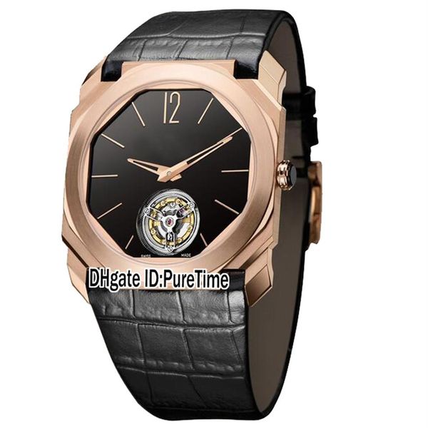 

new 42mm octo finissimo 102346 bgo40bgltbxt rose gold black dial tourbillon automatic mens watch black leather sports watches pure271o, Slivery;brown
