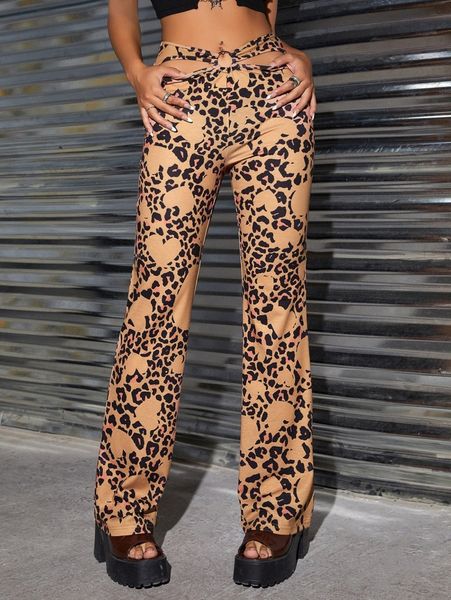 

leopard print ring detail cut out pants p3ju#, Black;white