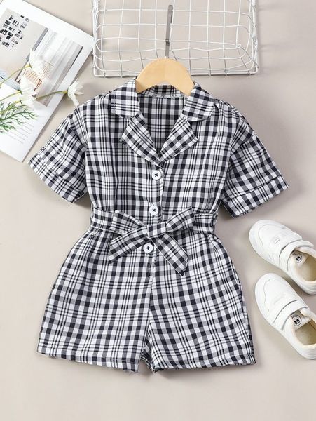 

toddler girls plaid print belted shirt romper she, Blue
