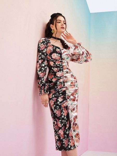 

floral print ruched front spliced dress t8qt#, Black;gray