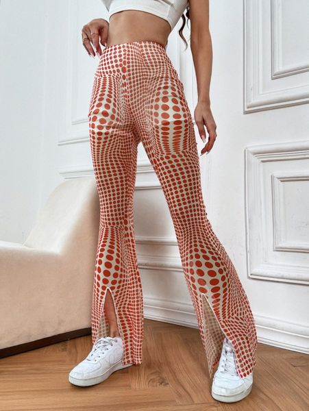 

random dot print split hem flare leg pants 5853#, Black;white