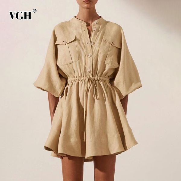 

green casual dress for women o neck puff short sleeve high waist lace up bowknot mini dresses female summer fashion 210507, Black;gray