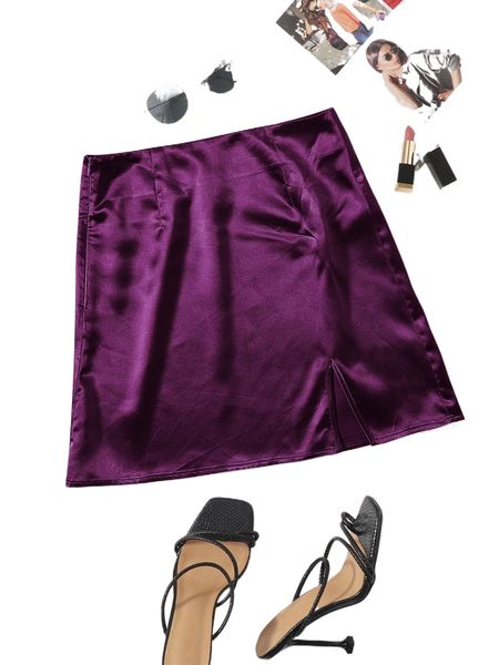 

zip side slit hem satin skirt u5cx#, Black