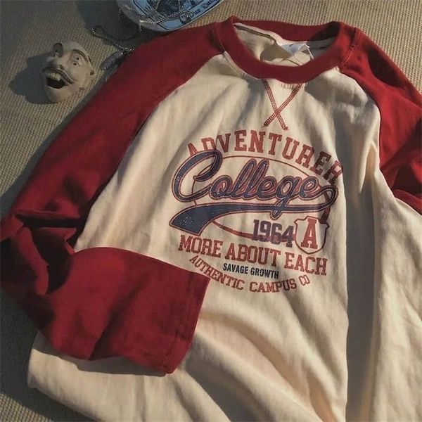 

long sleeved t shirt women trend spring summer korean raglan shoulder contrast printing loose men women preppy punk 220407, White