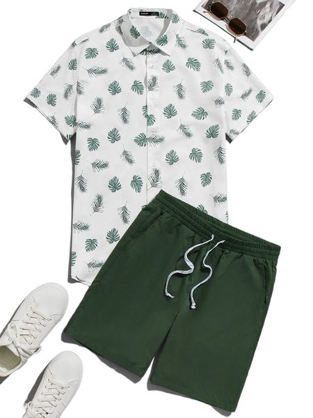 

men tropical print shirt & drawstring waist shorts t9fv#, Gray