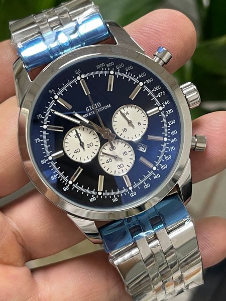 

black and blue leather men's quartz chronograph, Slivery;brown