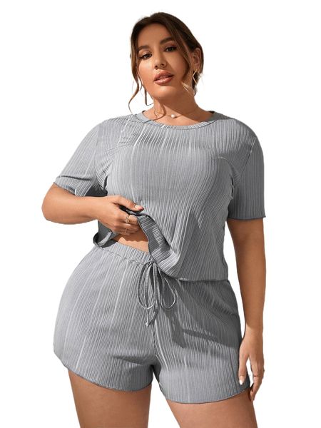 

plus rib-knit contrast binding knot waist pajama set e219#, Black;white