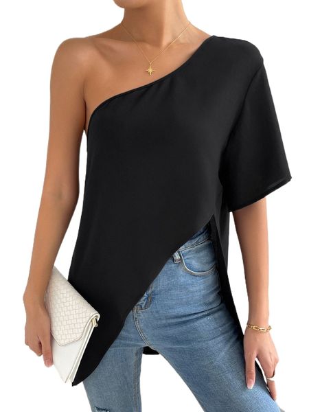 

one shoulder asymmetrical hem blouse 501h#, White