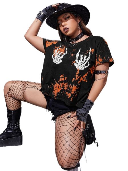 

plus tie dye & figure graphic t-shirt e9ka#, Black