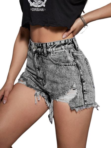 

high waist raw hem denim shorts 355j#, White;black