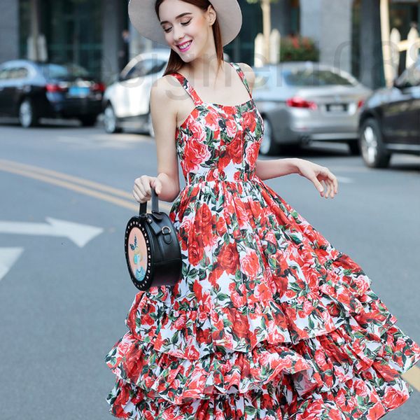 

casual dresses designer beautiful rose peony print temperament slim sling elastic waist big swing cake beach long dress girl ybzu, Black;gray