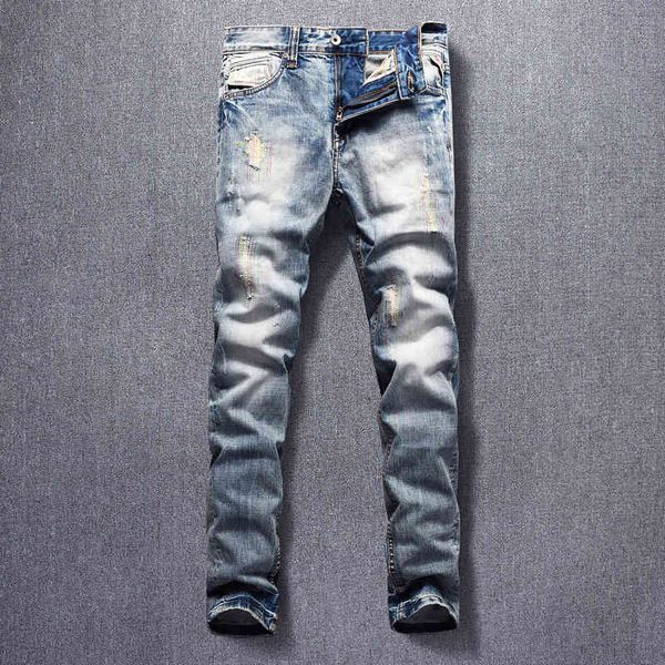 

men's jeans patch embroidery light blue ground white torn jeans men's slim fit vintage personalized leggings fashion brand y1oh