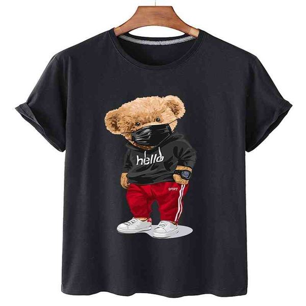 

100% cotton sports mask bear print short-sleeved t-shirt female half-sleeved summer casual oversized t-shirt ladies shirt s-4xl, White;black