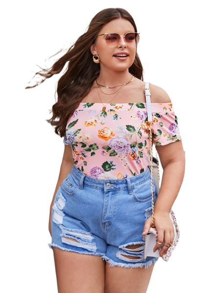 

plus floral print off shoulder tee a0jo#, Black