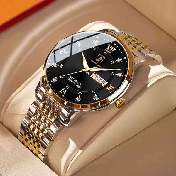 

poedagar men watch stainls steel luxury push button hidden clasp waterproof luminous date week sport wrist watch, Slivery;brown