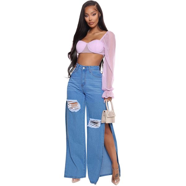 

summer fashion ripped jeans new high waist slim, Blue
