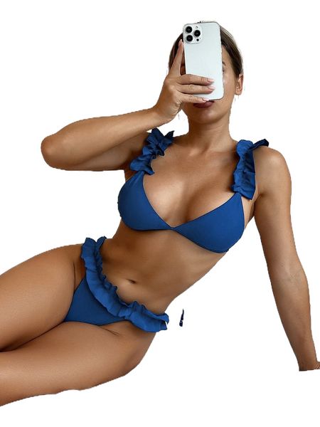 

solid frill trim triangle bikini swimsuit z0yh#, White;black