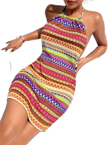 

chevron embroidery tie backless halter bodycon dress o3w9#, Black;gray