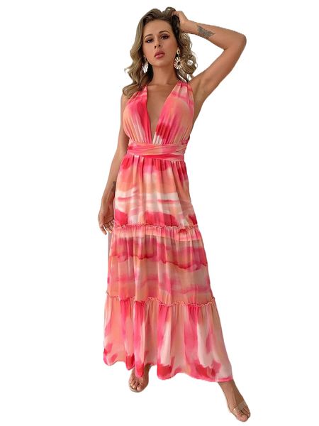 

joyfunear crisscross knot backless ruffle hem tie dye dress b3oo#, Black;gray