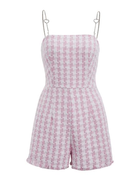 

houndstooth print heart detail raw cut cami romper 36jj#, Black;white