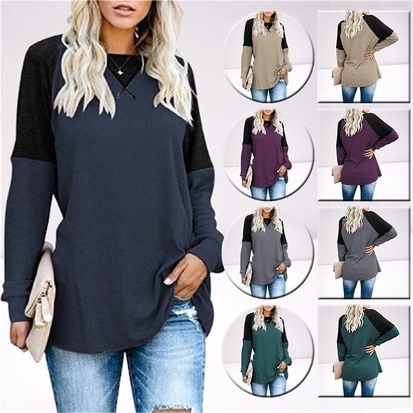 

winter autumn patchwork o neck solid color #039;s fashion casual loose plus size tees tunic t shirt long sleeved pullovers 220401, White