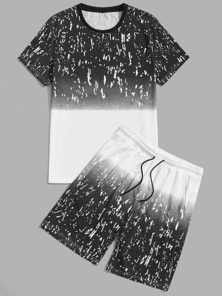 

men graphic print color block tee & drawstring waist shorts a2hz#, Gray