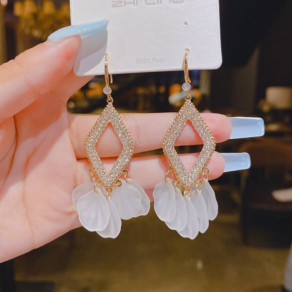 

temperamental fashion square diamond inlaid crystal petal fringe earrings for women korean dangle earrings jewelry gifts, Silver