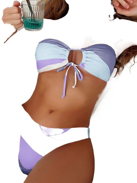

color block tie front bandeau bikini swimsuit 12l0#, White;black