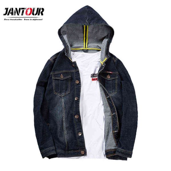 Jantour Marca Primavera Autunno Giacca di jeans con cappuccio Jeans Hip Hop da uomo Cappotto Giacca di jeans retrò Street Casual Giacca bomber con cappuccio Y220803