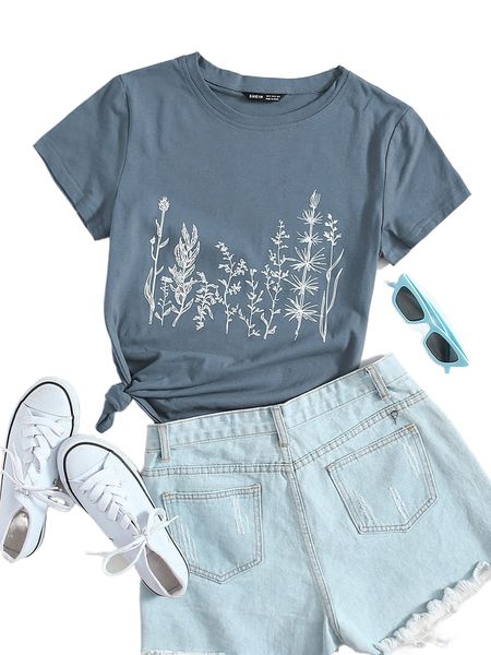 

plant print round neck tee y66g#, White